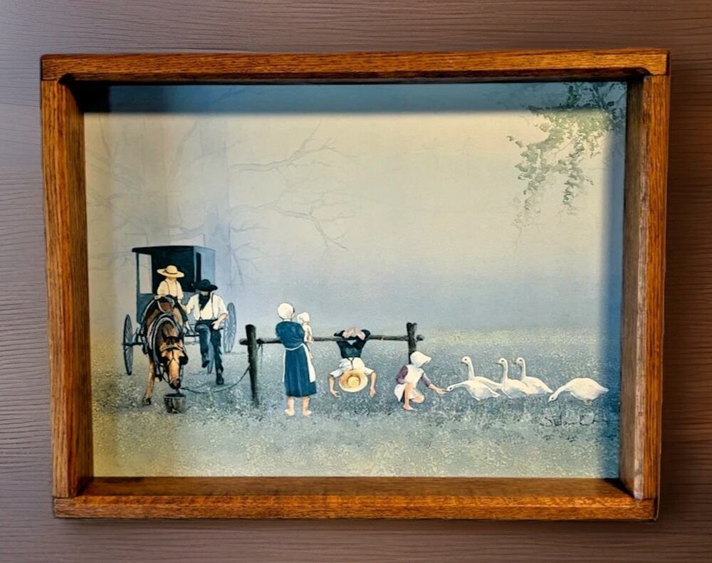 Amish Family Steve Polomchak Art Print Horse Buggy Geese Framed 17x13” Vintage